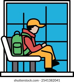 Um homem se senta num banco com uma mochila no colo. Ele está usando um chapéu amarelo e uma jaqueta vermelha. A cena se passa em uma janela, e o homem está olhando para fora dela