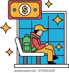 Un hombre se sienta en un banco con una mochila y un billete de un dólar delante de él. Concepto de lucha financiera y la importancia de ahorrar dinero