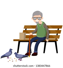 Man sits on bench and feeds pigeons. Element of Park and city. Grandfather in pew. Senior with cane. Rest of pensioner. Poultry and bread crumbs. Cartoon flat illustration