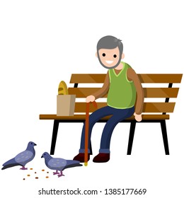 Man sits on bench and feeds pigeons. Element of Park and city. Grandfather in pew. Senior with cane. Rest of pensioner. Poultry and bread crumbs. Cartoon flat illustration