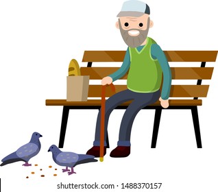 Man sits on bench and feeds pigeons. Element of Park and city. Senior with cane. Rest of pensioner. Poultry and bread crumbs. Cartoon flat illustration. Grandfather in pew