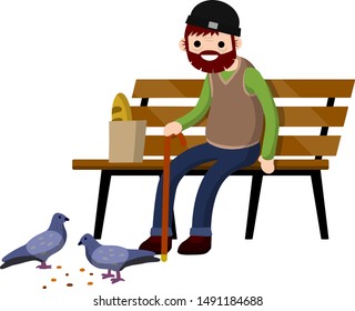 Man sits on bench and feeds pigeons. Element of Park and city. Senior with cane. Rest of pensioner. Poultry and bread crumbs. Cartoon flat illustration. Grandfather in pew