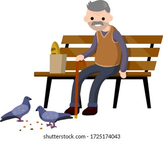 Man sits on bench and feeds pigeons. Element of Park and city. Cartoon flat illustration. Grandfather in pew. Senior with cane. Rest of pensioner. Poultry and bread crumbs