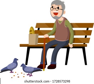 Man sits on bench and feeds pigeons. Element of Park and city. Cartoon flat illustration. Grandfather in pew. Senior with cane. Rest of pensioner. Poultry and bread crumbs