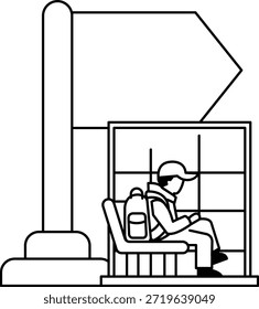 Um homem se senta num banco em frente a um ponto de ônibus. Ele está usando uma mochila e um chapéu. Conceito de relaxamento e lazer, como o homem está fazendo uma pausa de sua viagem