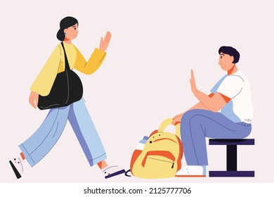 A man sits on a bench, greets, greets the girl. Woman walking, hand greeting. Meeting at the gym. Opposite bags. Vector modern illustration
