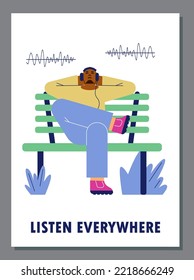 Man sits on bench and listens to music or podcast, poster template - flat vector illustration. Male character in headphones relaxing on bench in the park.