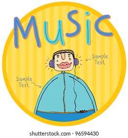 Man sits on the bench and listens to the music. Vector illustration