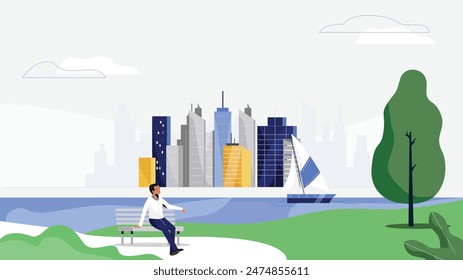 Ein Mann sitzt auf einer Bank in einem Park, mit einer Stadt im Hintergrund