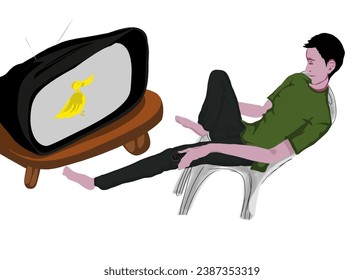 a man sits on a bench watching television, with a white background