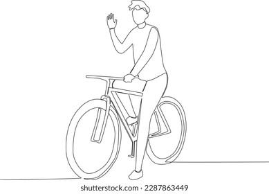 A man sits on a bicycle greeting his friend. World bicycle day one-line drawing