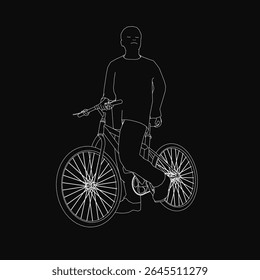 A man sits on a bicycle, pedaling against a stark black background. He wears a casual t-shirt and shorts, captured in high-contrast black and white. The minimalist composition emphasizes motion and.
