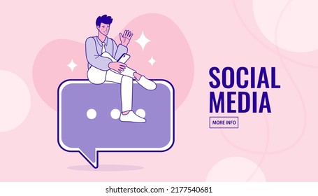 Man sits on a big speech square bubble. Free speech concept. mockup and demonstration. greeting with hand for showing attention and promotion. vector illustration.