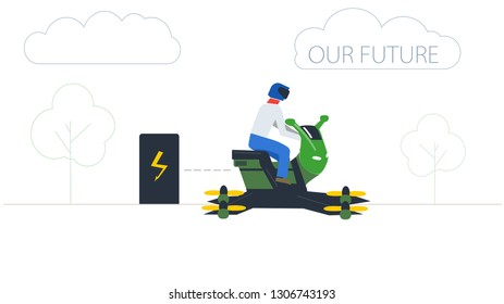 Man Sits on Bike and Charges It. Electric Motorcycle. Flying Transport. Our Future. Flying Bike. Cartoon and Flat Style. Banner or Landing Page. Future Technology. Remote Charger.
Vector Illustration.