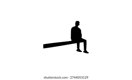 A man sits on a board at a height, black isolated silhouette