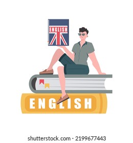 A man sits on books and holds an English dictionary in his hands. The concept of teaching English. Isolated. trendy style. Vector illustration.