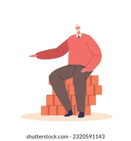 Der Mensch sitzt auf einer Ziegelwand und genießt einen Moment der Entspannung und der Entspannung. Metapher für Stabilität, reife Lächeln Männchen