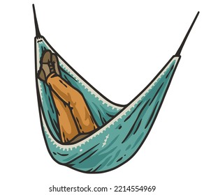 Man sits on a camping hammock in the forest. Adventure trip outdoor element