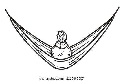 Man sits on a camping hammock in the forest. Adventure trip outdoor outline element