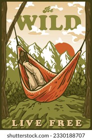 Man sits on a camping hammock in the forest. Adventure trip outdoor poster