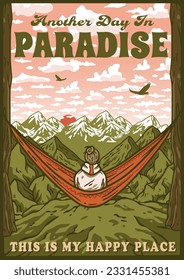 Man sits on a camping hammock in the forest. Adventure trip outdoor poster