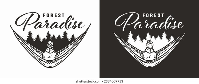 Man sits on a camping hammock in the forest. Adventure trip outdoor element
