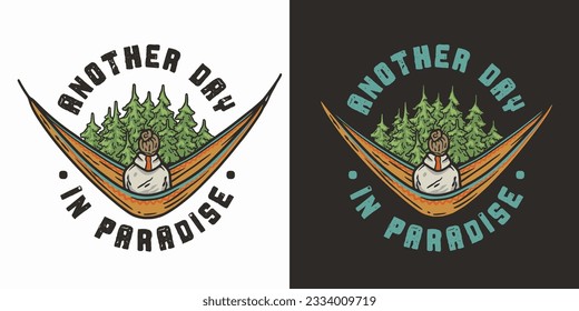 Der Mensch sitzt auf einer Camping-Hängematte im Wald. Abenteuerreise Outdoor-Element