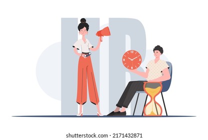 A man sits on a chair with a clock next to a woman with a loudspeaker. Human resource. Element for presentations. Vector illustration