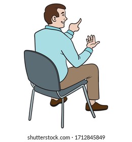 a man sits on a chair and gesticulates with his hands. workshop, cartoon, businessman, back view.