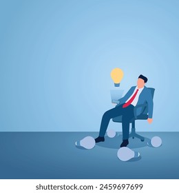 A man sits on a chair and gets an idea lamp lit while the others are off and scattered on the floor, illustration for inspiration.