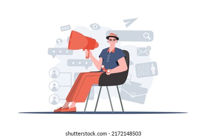 A man sits on a chair with a loudspeaker. Human resource. Element for presentation. Vector illustration