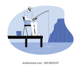 A man sits on a chair placed on a wooden dock, patiently fishing with a bucket nearby.