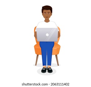 Man sits on a chair working at a computer. Remote work, freelance, home office, programming, training. Vector illustration. African American