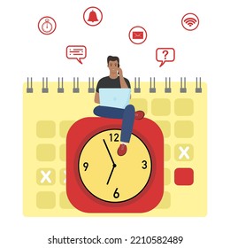 The man sits on the clock and works at the computer. Completion of the task by the deadline. Vector illustration 