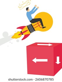 A man sits on a confused direction cube and the idea light goes off above his head, illustration for lack of ideas.

