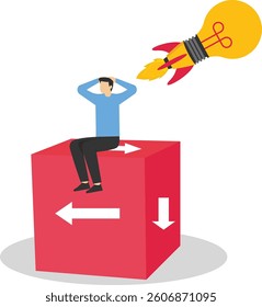 A man sits on a confused direction cube and the idea light goes off above his head, illustration for lack of ideas.

