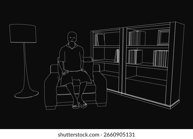 Un hombre se sienta en un sofá en una habitación poco iluminada, su contorno resaltado por una lámpara cálida. Estanterías llenas de libros lo rodean, creando un ambiente acogedor.