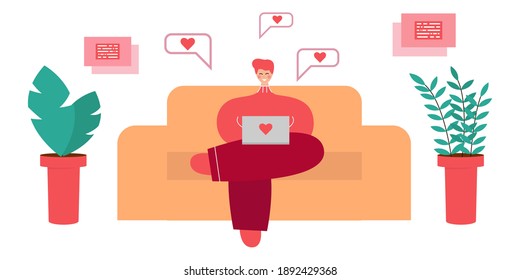 Un hombre se sienta en el sofá de casa el día de San Valentín y celebra la festividad en línea con su ser querido. Celebrando el Día de San Valentín en línea debido a la pandemia global y la cuarentena. Ilustración vectorial.