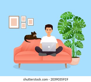 Un hombre se sienta en el sofá en una habitación con un ordenador portátil con su gato. Ilustración vectorial plana de la autonomía, el trabajo en el hogar, el trabajo, la oficina, la educación. Trabajo remoto y comunicación en redes sociales.