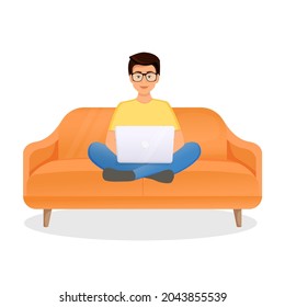 Man sits on the couch in a room with a laptop computer. Flat vector illustration of freelance, work at home, work, office, education. Remote work and communication in social networks