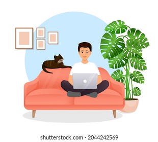 Man sits on the couch in a room with a laptop computer with her cat. Flat vector illustration of freelance, work at home, work, office, education. Remote work and communication in social networks.