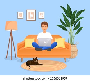Un hombre se sienta en el sofá en una habitación con un ordenador portátil con su gato. Ilustración vectorial plana de la autonomía, el trabajo en el hogar, el trabajo, la oficina, la educación. Trabajo remoto y comunicación en redes sociales.