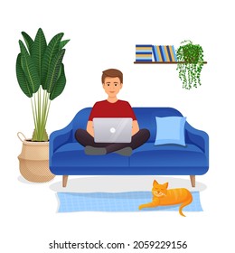 Man sits on the couch in a room with a laptop computer with her cat. Flat vector illustration of freelance, work at home, work, office, education. Remote work and communication in social networks