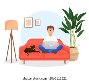 Man Sits On Couch Room Laptop Stock Vector (Royalty Free) 2063111321 ...