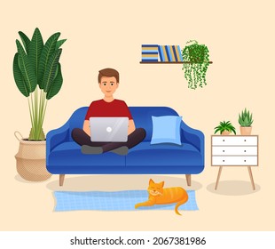 Der Mensch sitzt auf dem Sofa in einem Zimmer mit einem Laptop mit ihrer Katze. Flache Vektorgrafik von Freiberuflern, Arbeit zu Hause, Arbeit, Büro, Bildung. Fernarbeit und Kommunikation in sozialen Netzwerken.