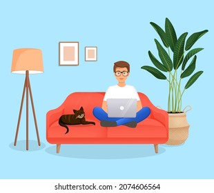 Man sits on the couch in a room with a laptop computer with her cat. Flat vector illustration of freelance, work at home, work, office, education. Remote work and communication in social networks.
