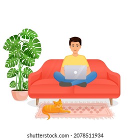 Man sits on the couch in a room with a laptop computer with her cat. Flat vector illustration of freelance, work at home, work, office, education. Remote work and communication in social networks