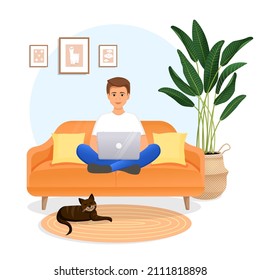 Man sits on the couch in a room with a laptop computer with her cat. Flat vector illustration of freelance, work at home, work, office, education. Remote work and communication in social networks