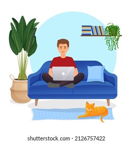 Man sits on the couch in a room with a laptop computer with her cat. Flat vector illustration of freelance, work at home, work, office, education. Remote work and communication in social networks.