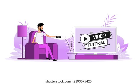 Man sits on the couch, they switch the channel on the TV. Video tutorial icon